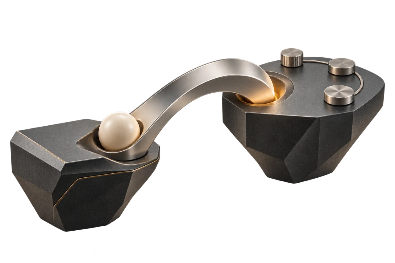 A polished metal bridge carries a sphere from one dark platform to another, symbolizing a leadership handoff.